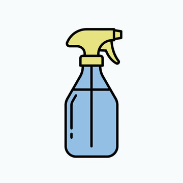 Minimal flat vector spray bottle icon, blue and yellow cleaning spray bottle illustration, household sanitizer symbol for hygiene labels