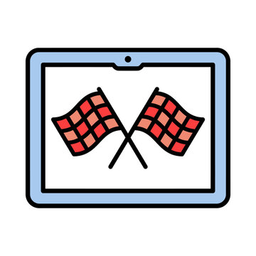 Flat vector racing flags icon on laptop screen, red and black checkered finish symbol. Motorsport competition signage for apps