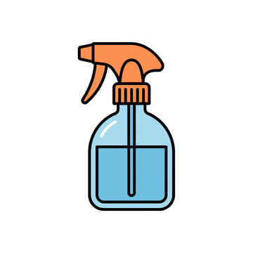 Minimal spray bottle vector icon, blue glass cleaner container with orange trigger, simple outline symbol for hygiene and cleaning apps