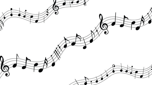 Musical notes staff wave illustration with treble clef melody flow abstract music notation design black white vector background