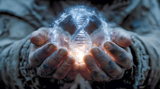 Man holding glowing DNA structure in hands with dirty fingers  