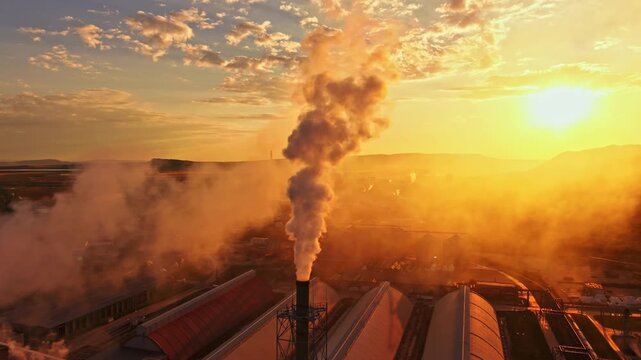 Smoke comes from a tall chimney at a factory as the sun sets in the background. The landscape shows fields and buildings around the factory.