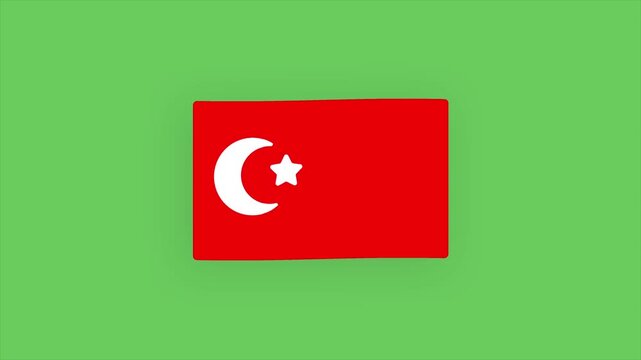 Animated cartoon formation and gentle waving loop of the Turkey national flag with crescent moon and star on a green screen chroma key background