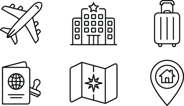 Collection of essential line art vector icons for modern travel and tourism, featuring airplane, hotel, luggage, passport, map, and destination marker, ideal for web and app design