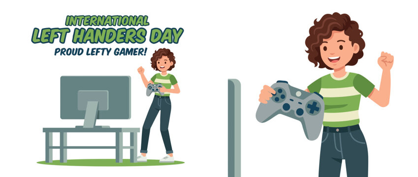 Joyful lefty gamer celebrating with video game controller