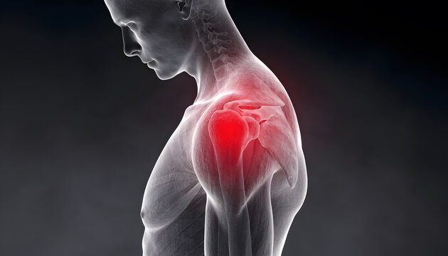 Male shoulder and rotator cuff joint inflammation. Upper back pain and sports injury therapy. Side view human skeleton showing bone strain with red highlight area