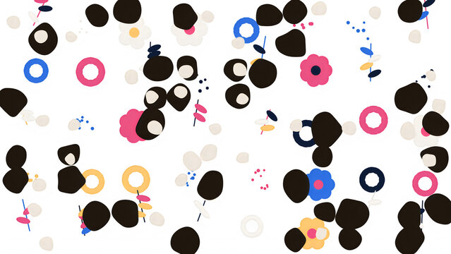 Abstract floral pattern with hand drawn organic shapes and colorful botanical elements on transparent background.
