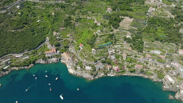 Aerial View of Amalfi Coast Italy Mediterranean Coastal Village and Blue Sea Horizon on a Sunny Summer Day