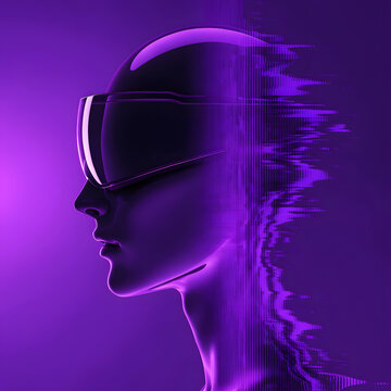 Futuristic glossy humanoid head with digital data glitch. Artificial intelligence and virtual reality avatar. Cyber profile wearing smart tech headset in neon purple glow
