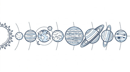 Detailed Line Drawing of Solar System Planets and Sun. © Wannaki