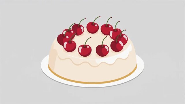 Cherry cake illustration. Vector dessert with cream topping and fresh red cherries.