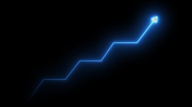 Glowing blue neon downward graph with arrow indicating decline, loss, and negative trends on a dark, abstract background, perfect for conveying risk, crisis animation.Right up arrow icon 4k video.