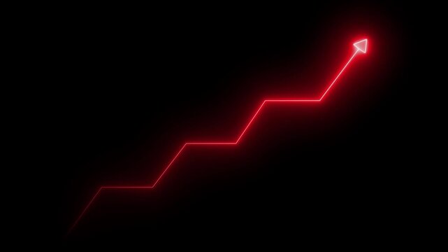 Glowing red neon downward graph with arrow indicating decline, loss, and negative trends on a dark, abstract background, perfect for conveying risk, crisis animation.Right up arrow icon 4k video.