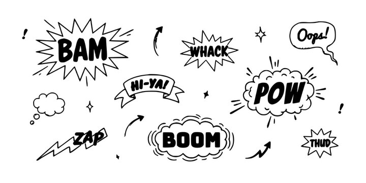 Comic Book Sound Effects with Dynamic Speech Bubbles and Impact Words Featuring Bam, Pow, Boom with Zap and Whack Elements