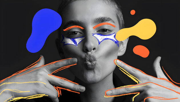 Expressionist portrait of woman with colorful abstract line doodles. Modern fashion makeup and creative design. Female model making a kissing face while gesturing with hands