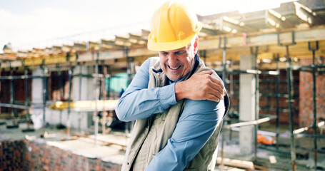 Construction, stress and mature man with shoulder pain, accident and workplace injury on site....
