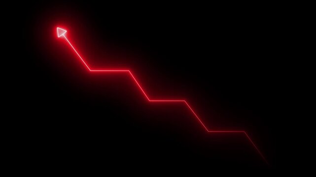 Glowing red neon downward graph with arrow indicating decline, loss, and negative trends on a dark, abstract background, perfect for conveying risk, crisis animation.