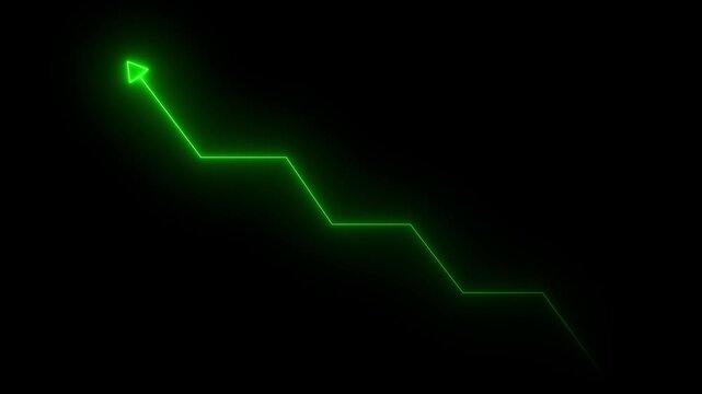 Glowing green neon downward graph with arrow indicating decline, loss, and negative trends on a dark, abstract background, perfect for conveying risk, crisis animation.