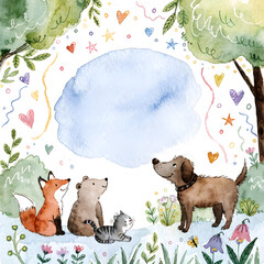 Fototapeta premium Cute watercolor forest animals gathered under empty cloud banner. Greeting card background and kids illustration template. Fox bear cat and dog looking up inside wood clearing