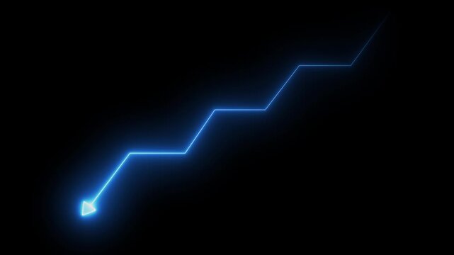 Glowing blue neon downward trend arrow graph showing economic recession or stock market crash on black background.