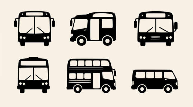 Set of modern bus icons in silhouette on beige background