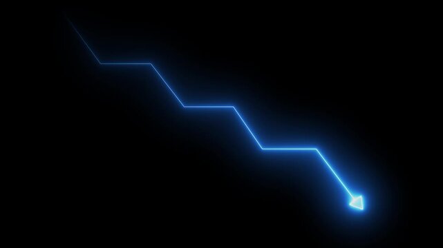 Glowing Blue neon downward trend arrow graph showing economic recession or stock market crash on black background.