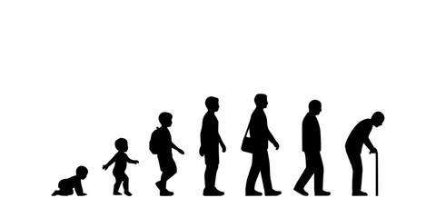 Fototapeta premium People Icons Showing Stages of Life From Baby to Elderly Person with Cane Featuring Toddler, Child, Teenager with Adult and Aging