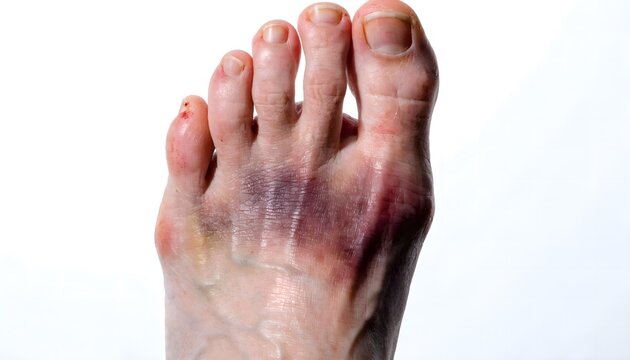 Foot drop injury with dorsal surface bruise, top down view, detailed skin texture, clinical medical reference on white background