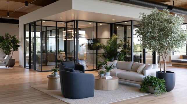 Modern office lounge with glass partitions comfortable seating and abundant greenery during the day