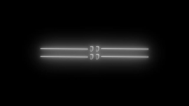 Glowing white neon double quotation mark text divider parallel lines loop, elegant futuristic dual paragraph break symbol with speech emblem, isolated editorial graphic asset on black background 4k.