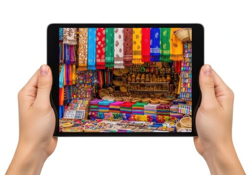 Hands holding tablet showing colorful pixelated bookshelf