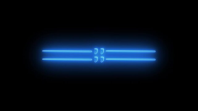 Glowing blue neon double quotation mark text divider parallel lines loop, elegant futuristic dual paragraph break symbol with speech emblem, isolated editorial graphic asset on black background 4k.
