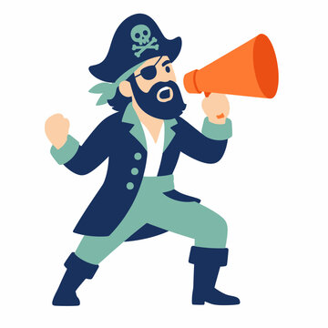 Cartoon pirate captain illustration shouting into an orange megaphone, featuring a black beard, eyepatch, and bicorne hat with skull icon, wearing a blue jacket and green trousers.