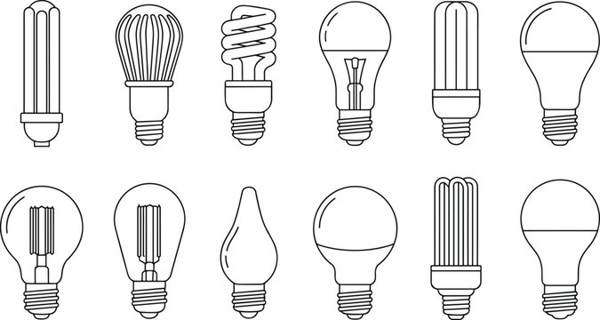 Light bulb icons collection with various lamp types isolated on white background, energy saving, electricity, lighting design, technology concept