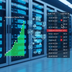 Fototapeta premium Data center infrastructure monitoring dashboard with audit trail and compliance status.