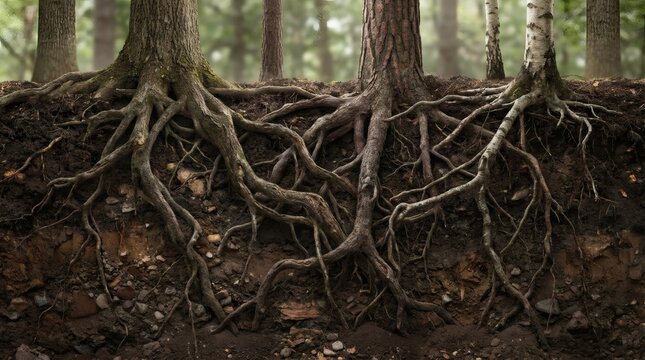 Intricate forest tree roots on dark soil ground. Snaking wood grain texture and branches. Natural woodland background for design or documentary.