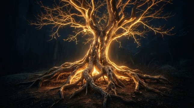 Glowing golden tree of life with radiant roots, mystical luminous oak in dark forest, magical energy flowing through ancient branches and trunk