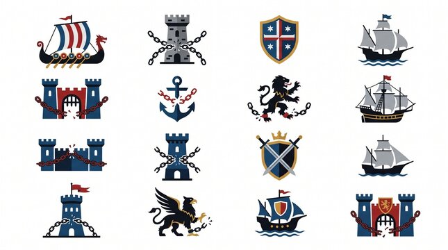 Heraldic elements with breaking chains. Medieval crests, castles, and ships icons set.