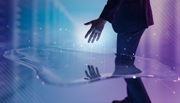 Interactive glass surface with abstract digital mesh grids. Smart office control and server management concept. Businessman reaching hand over glowing technology desktop table