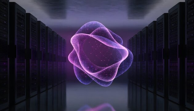 Futuristic geometric particle sphere floating down dark server hallway. High speed connection systems and neural networking concept. Abstract technology node matrix inside datacenter
