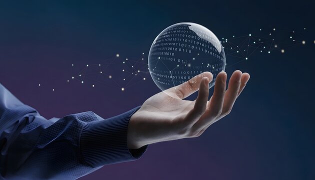 Glass marble globe displaying binary codes and technical node lines. Virtual encryption keys and data security concept. Hand presenting digital information orb over dark backdrop