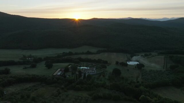 Aerial Sunrise Over Amelia Italy Near Umbria Quiet Countryside Village With Rolling Hills, Farmland and Morning Light