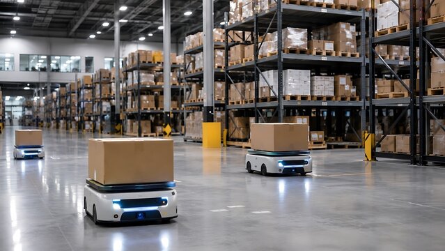 Automated warehouse robots transporting shipping boxes in logistics center. Smart AGV forklifts moving packages in high-tech distribution facility.
