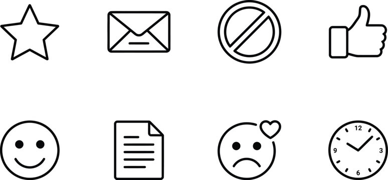 A collection of eight essential digital interface outline icons featuring common symbols for communication navigation feedback and time management tasks daily