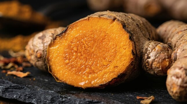 Fresh turmeric root sliced open on dark stone background, vibrant orange curcuma longa rhizome, organic spice for healthy cooking and herbal medicine