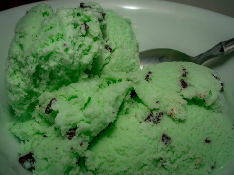 Scoops of delicious mint chocolate chip ice cream served in a white bowl with a spoon ready to eat