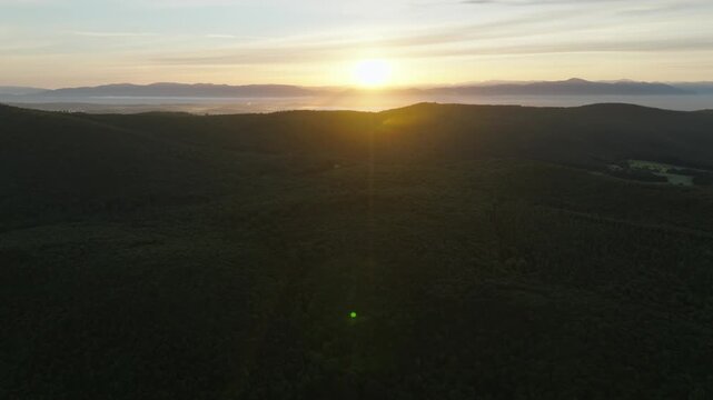 Aerial Sunrise Over Amelia Italy Near Umbria Quiet Countryside Village With Rolling Hills, Farmland and Morning Light