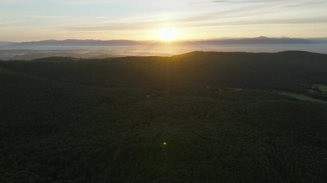 Aerial Sunrise Over Amelia Italy Near Umbria Quiet Countryside Village With Rolling Hills, Farmland and Morning Light