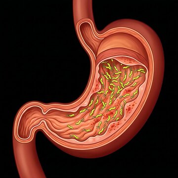 Stomach with Helicobacter Pylori Colonization: stomach lining with numerous small, spiral-shaped H. Pylori bacteria densely colonized on the surface mucosa, causing irritation