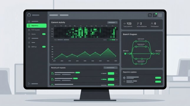 Modern software dashboard on computer monitor, dark mode user interface with green data charts, professional analytics control panel for business